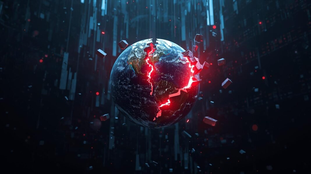 Conceptual illustration of a fractured globe, representing the geopolitical and economic risks outlined in the 2026 World Economic Forum report