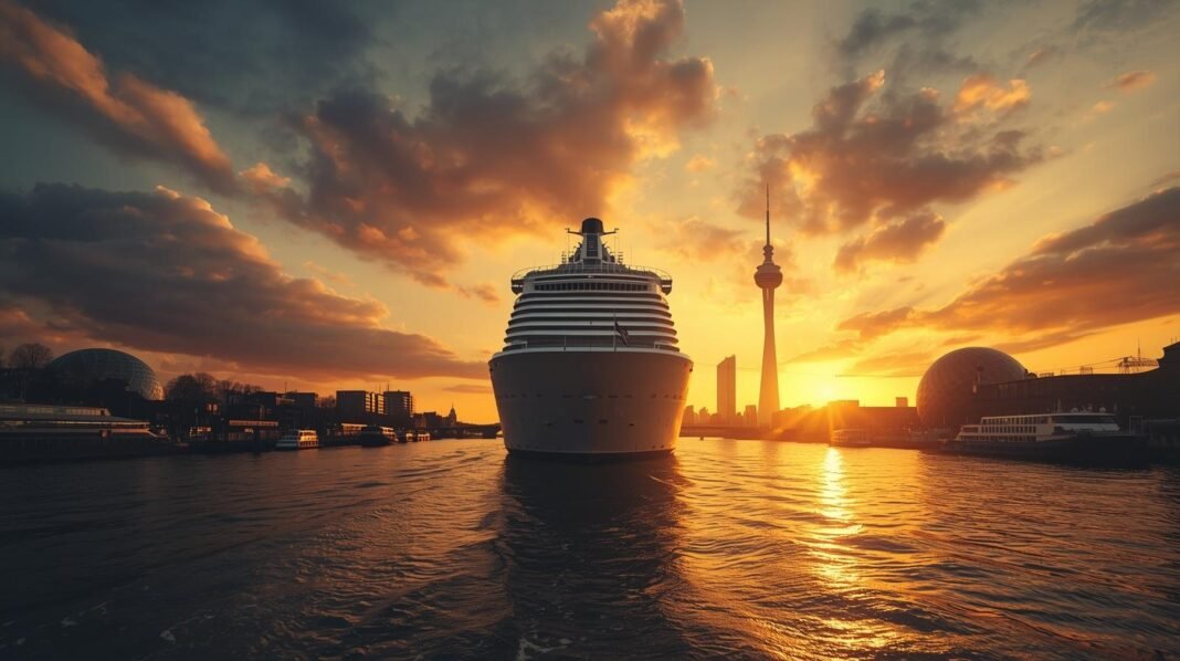 amsterdam-cruise-ship-ban-2035-sustainability A large cruise ship sailing away from Amsterdam at sunset, symbolizing the potential total ban by 2035