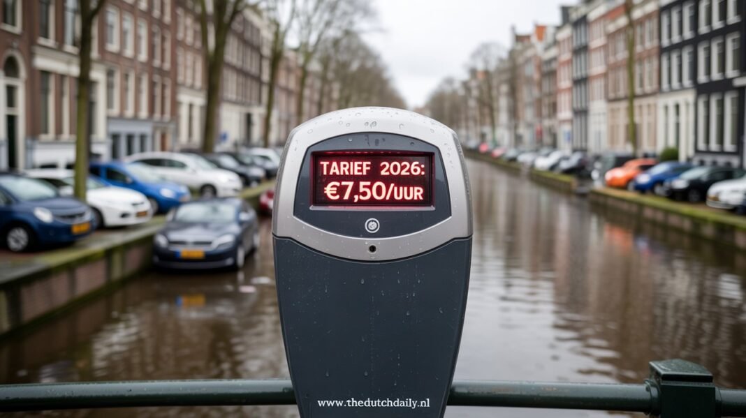 A digital parking meter in Amsterdam West displaying the new, higher hourly rates for 2026.