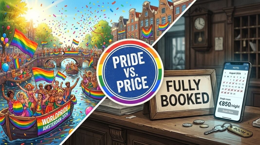 WorldPride 2026 Housing Crisis: Amsterdam Hotels Hit €600/Night as Millions Look to Book A crowded Amsterdam canal filled with boats flying WorldPride 2026 flags, with a 'No Vacancy' neon sign superimposed in the foreground.