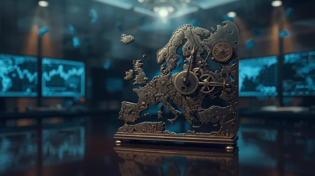 A conceptual image of an antique clock in the shape of Europe, symbolizing the structural challenges and the passage of time for the continent's economy.