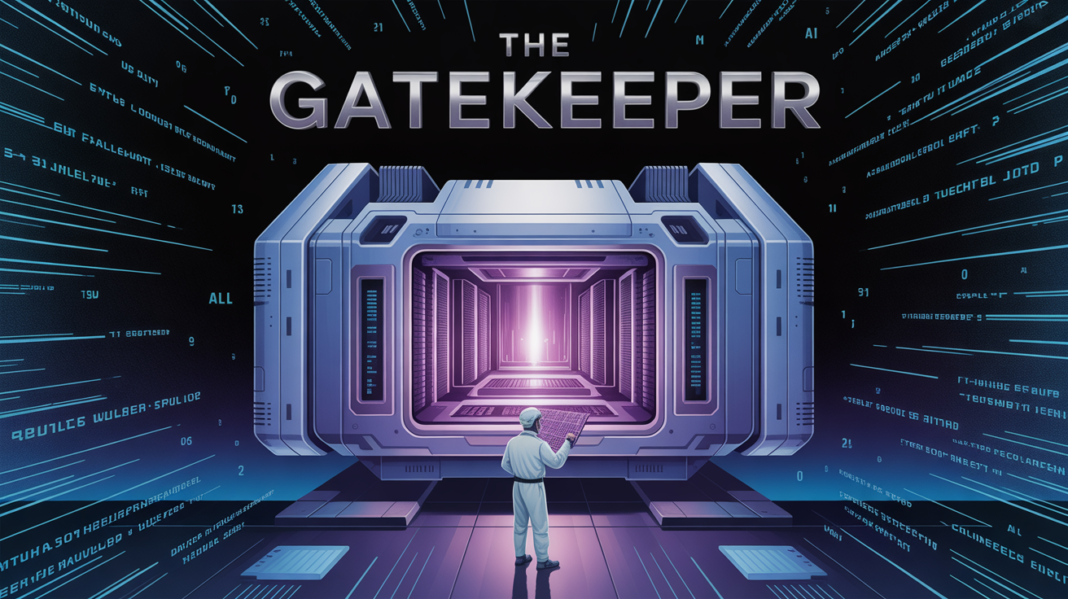 A futuristic ASML EUV lithography machine in a cleanroom, emitting a purple laser light, symbolizing the heart of the AI industry.