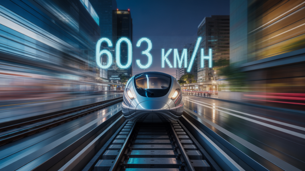 china-maglev-speed-record-futuristic A futuristic silver maglev train blurring through a landscape with a digital speedometer reading 603 km/h.