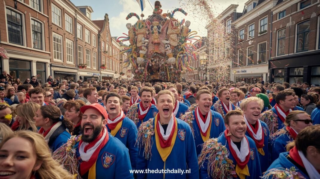 Dutch Carnaval 2026: The Ultimate Expat Survival Guide (Dates, Costumes & Traditions) A festive crowd in Den Bosch (Oeteldonk) wearing red-white-yellow scarves celebrating Dutch Carnaval 2026.
