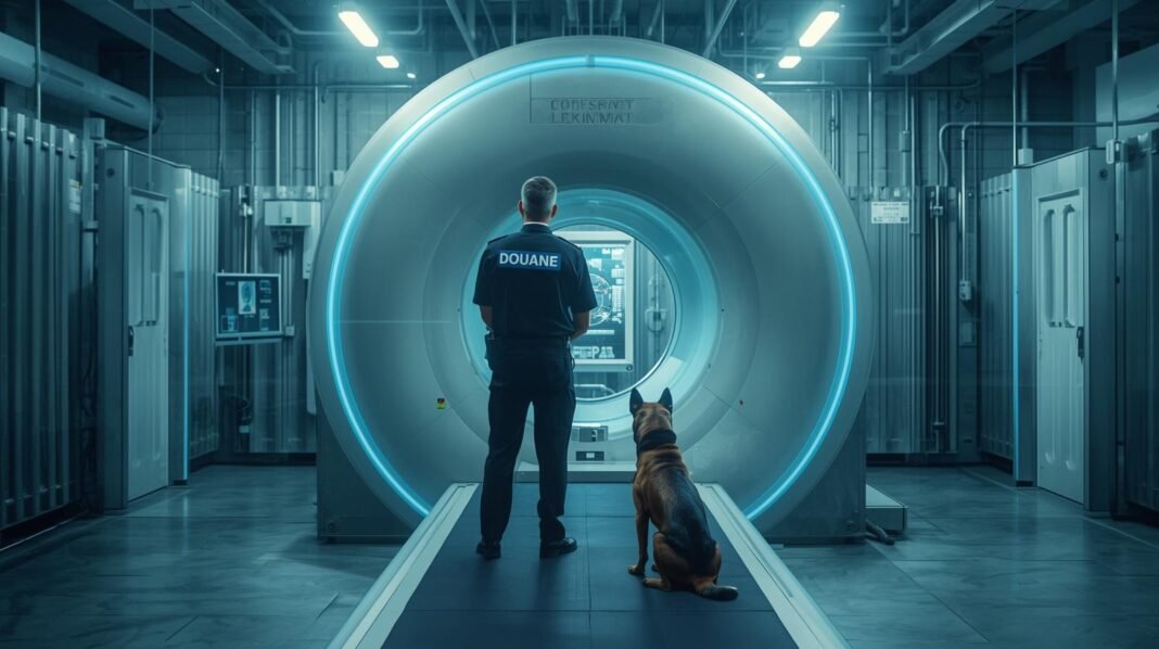 Dutch customs officer and sniffer dog inspecting cargo containers for illegal drugs at the Port of Rotterdam, highlighting 2024 drug seizure statistics.