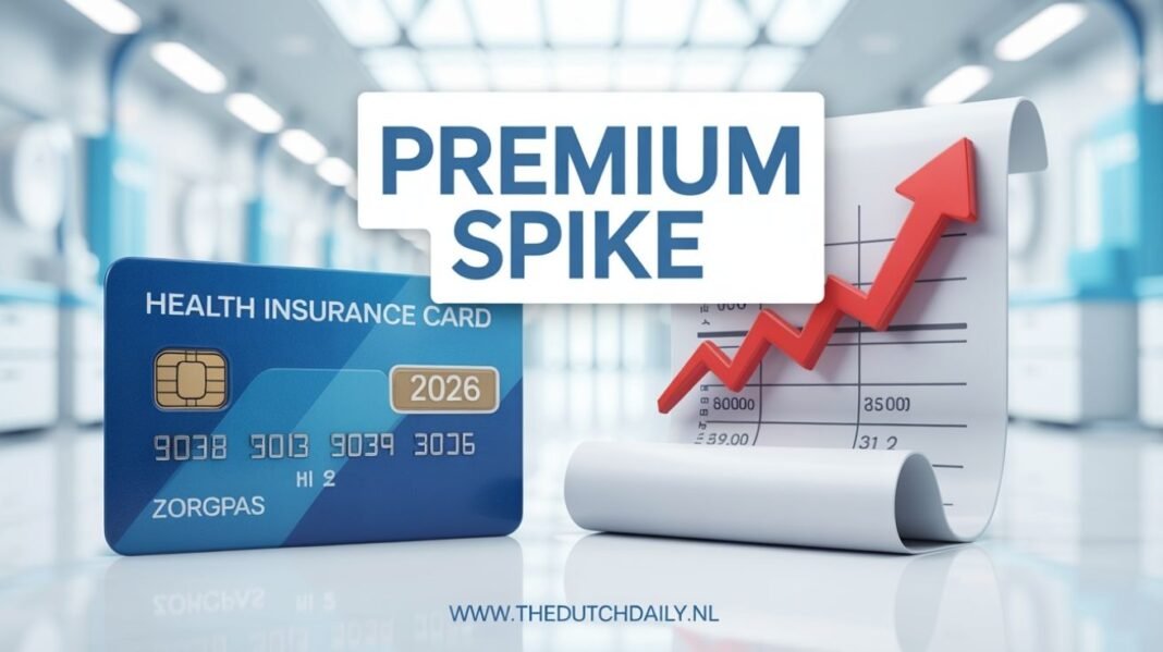 A conceptual image of a Dutch health insurance card and a bill showing the increased 2026 premiums with a stethoscope in the background.