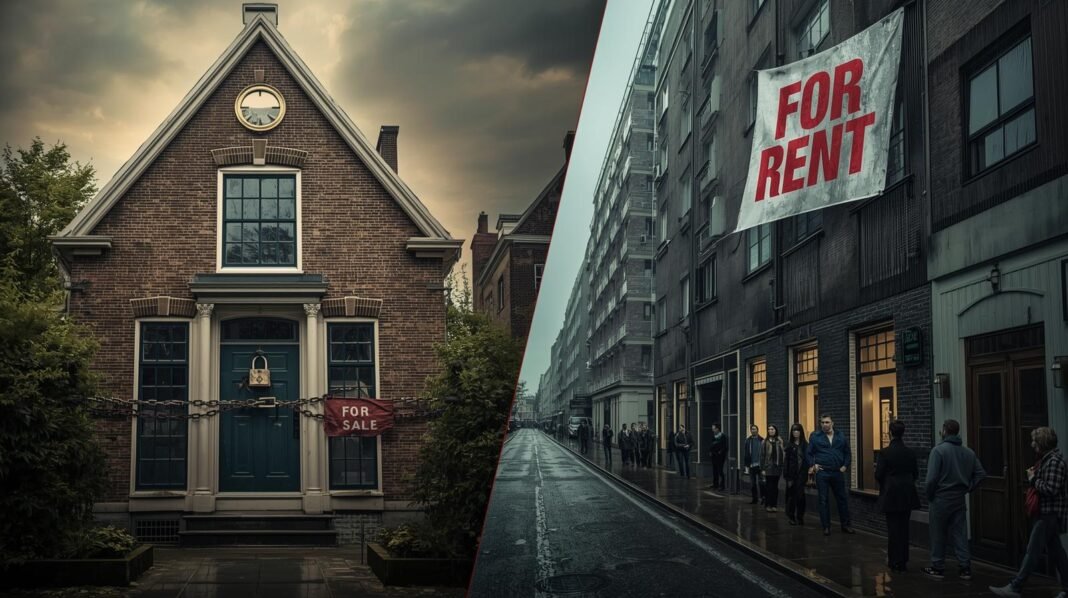 A dramatic contrast between a chained 'For Sale' house and a crowded 'For Rent' queue, symbolizing the housing crisis in the Netherlands and Germany.