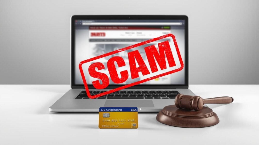 dutch-ov-chipkaart-scam-court-shutdown-kings-online A laptop showing a blocked fraudulent website with an official OV-chipkaart and a judge's gavel, representing the court shutdown of the OV card scam.