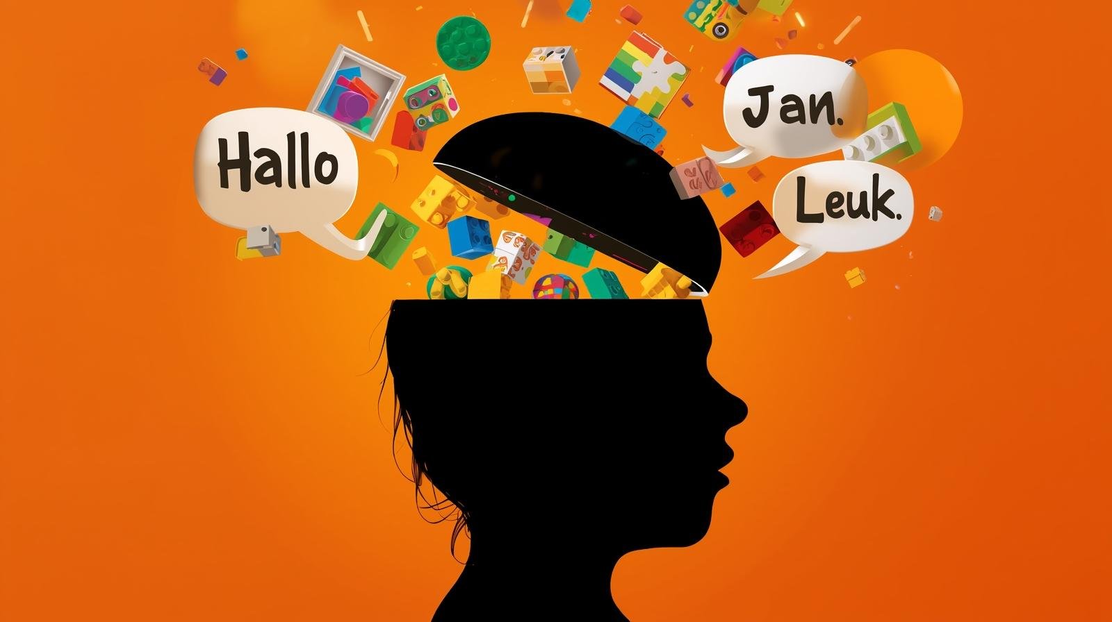 Conceptual illustration of the 'Dutch Brainwash' method, showing the brain connecting language patterns like puzzle pieces.