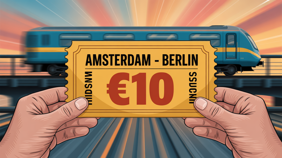 €10 to Berlin? GoVolta Launches Budget Train Service from Amsterdam in March 2026 A modern, budget-friendly GoVolta train speeding through the Dutch countryside at sunset with a €10 ticket graphic overlay.