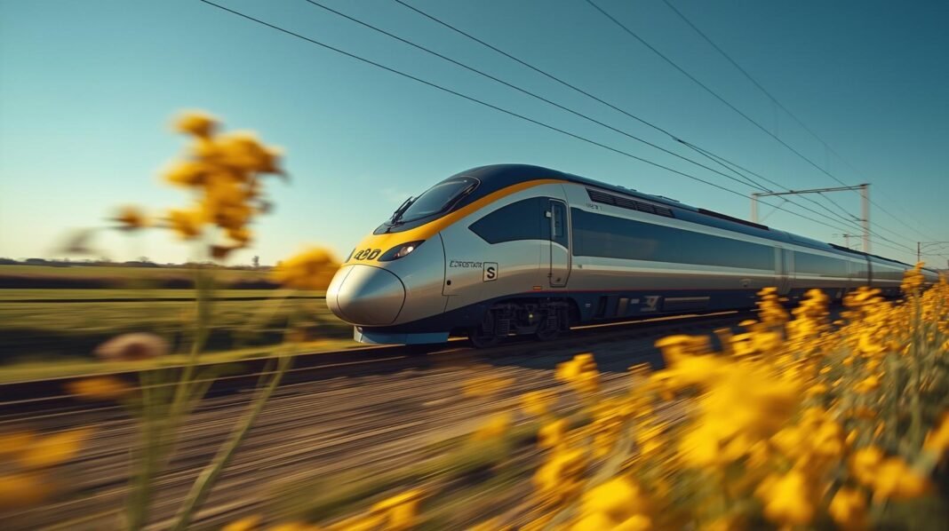 High-speed Eurostar train traveling from Amsterdam to London, symbolizing the record passenger growth in 2025.