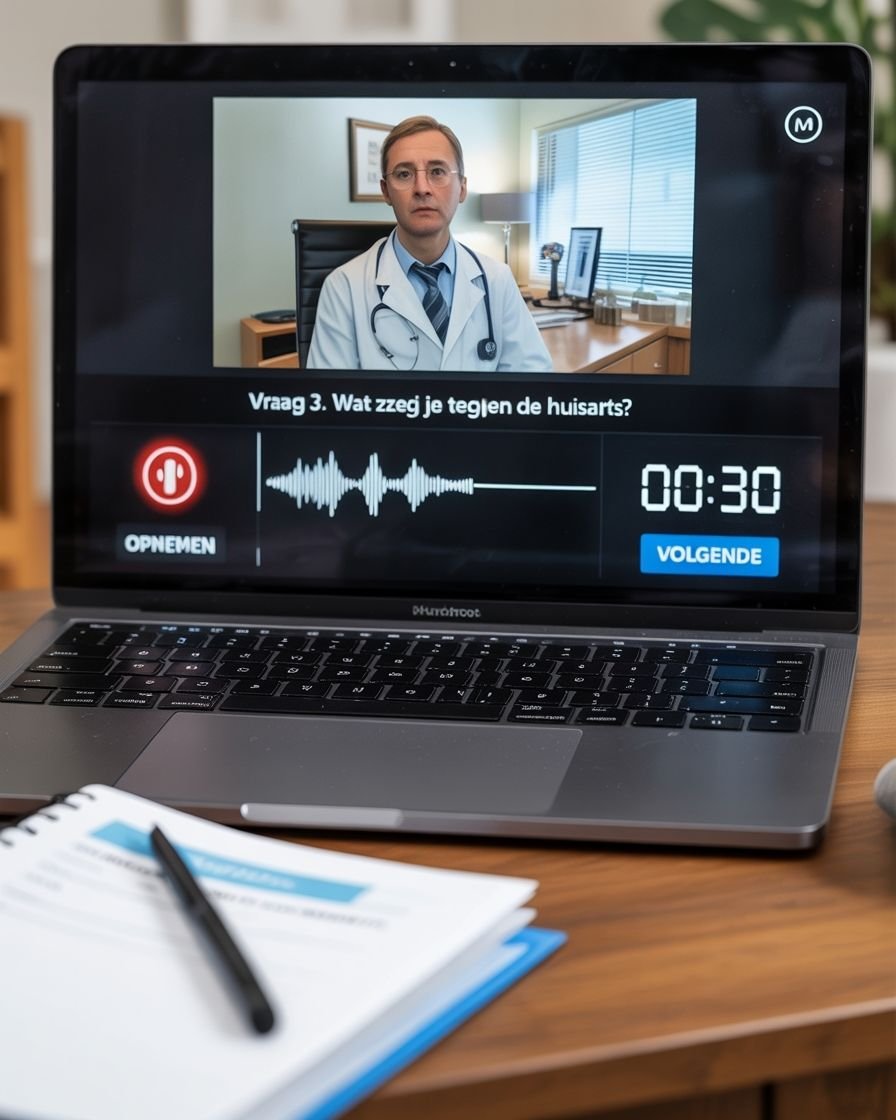 A simulated computer screen showing the interface of the Dutch Inburgering speaking exam with a video prompt and recording timer.