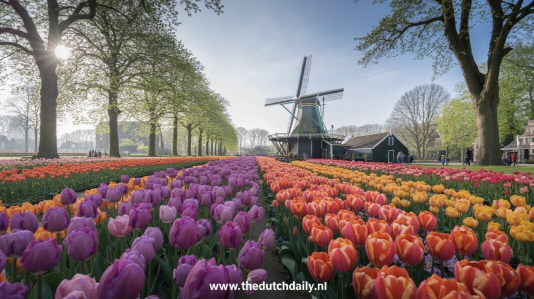 Keukenhof 2026 Guide: Dates, Tickets, New Theme & Tulip Forecast A vibrant field of blooming tulips in Keukenhof Gardens 2026 with a windmill in the background.