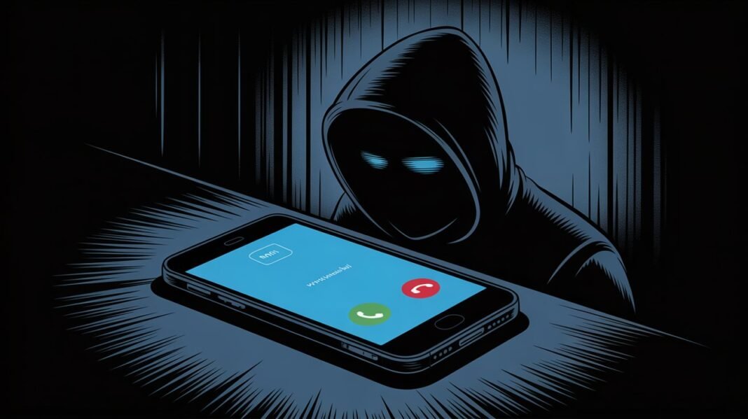 ai-voice-scam-phone-warning-2026 A smartphone screen showing an incoming call from 'ING Bank NV' with a warning sign overlay, symbolizing number spoofing.