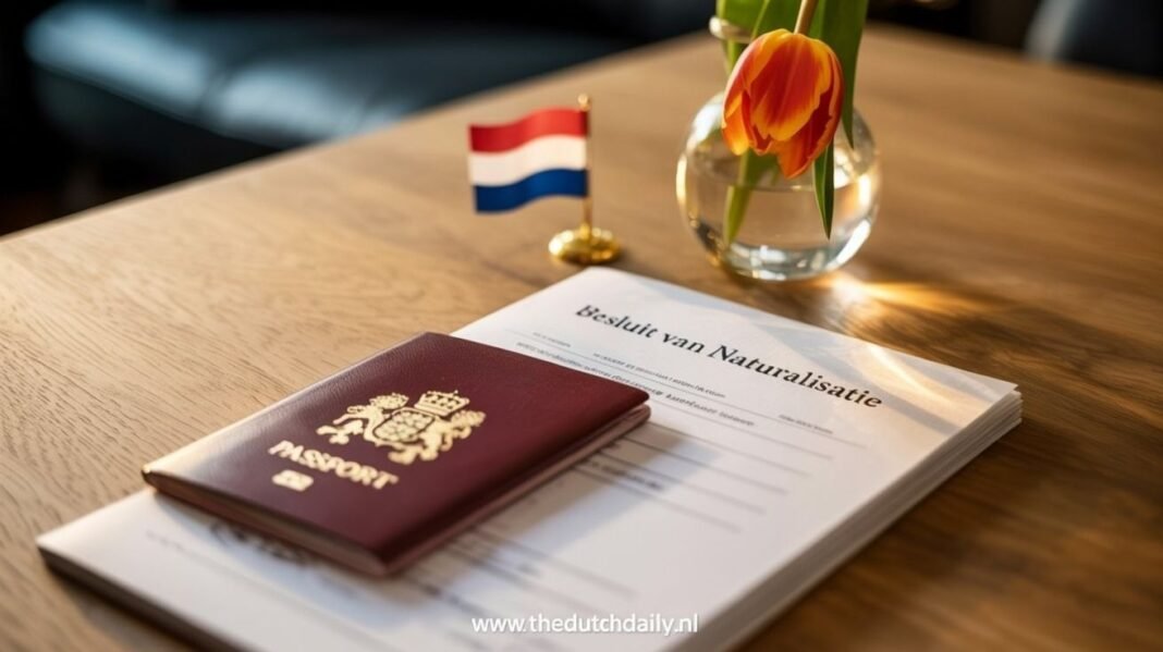 Dutch Citizenship Rules 2026: 5-Year Residency Stays, Dual Nationality Still Restricted A close-up of a Dutch passport and the official naturalisation ceremony brochure on a wooden table.