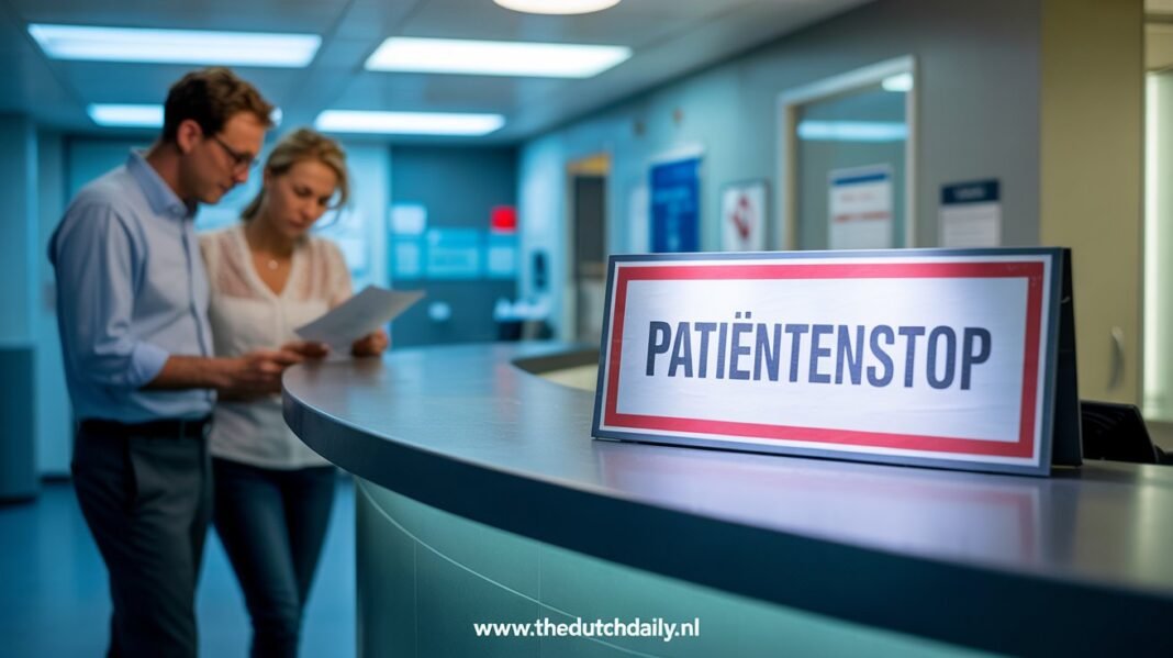dutch-doctor-waiting-room-full-2026 A crowded waiting room in a Dutch GP practice with a sign on the reception desk reading 'Patiƫntenstop' (No New Patients).