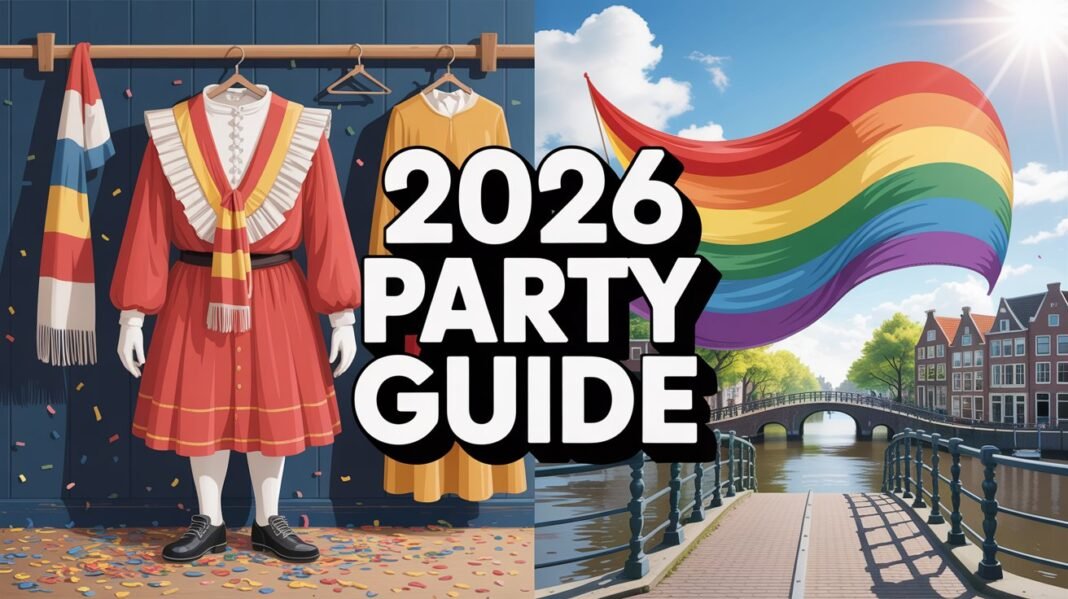 Split-screen editorial illustration contrasting Dutch Carnival traditions in winter with Amsterdam Pride celebrations in summer, featuring the text 