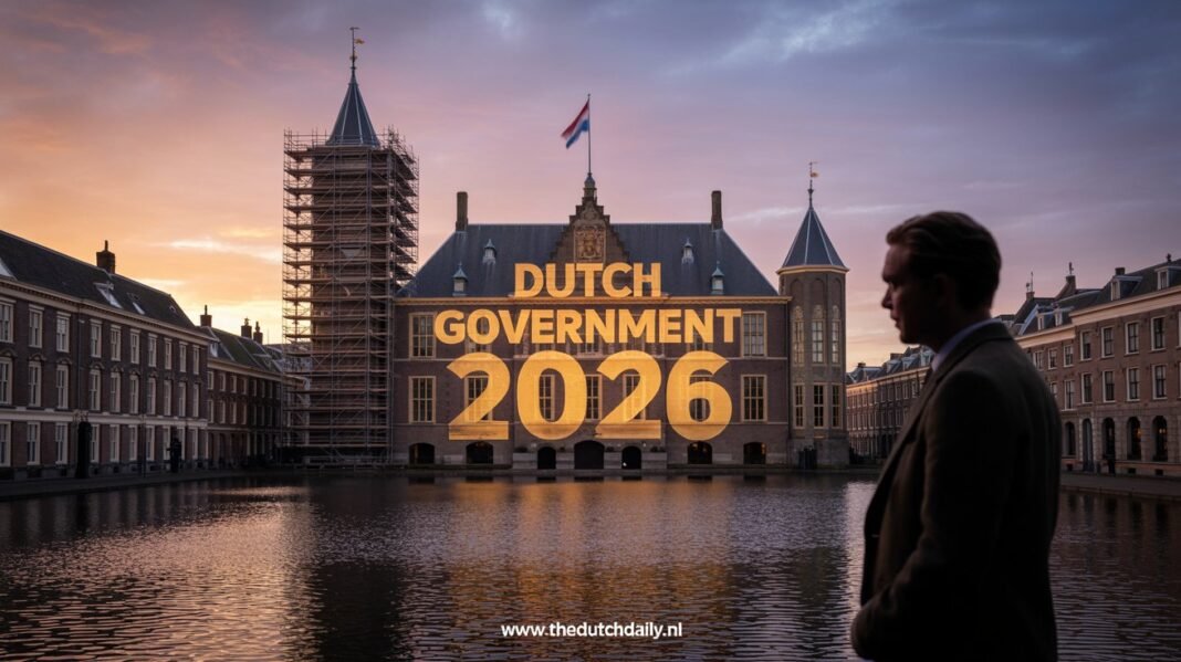 Dutch Government 2026: The “Jetten I” Era & Ultimate Expat Guide A wide-angle photo of the Binnenhof in The Hague with "DUTCH GOVERNMENT 2026" projected on the facade, symbolizing the new minority coalition under PM Rob Jetten.
