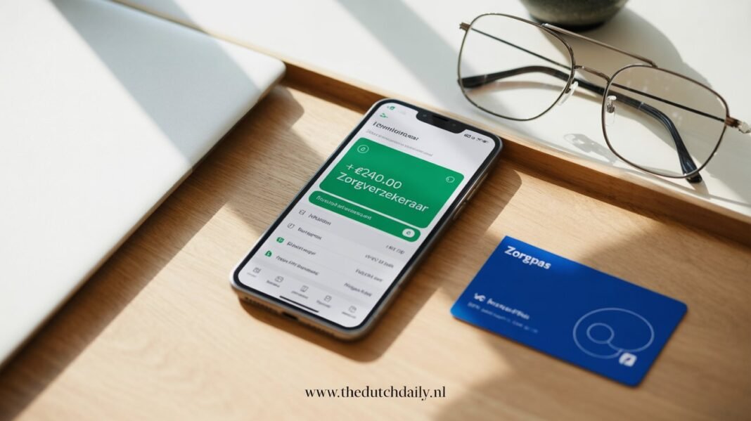 dutch-health-insurance-refund-2026 A hand holding a smartphone showing a Dutch health insurance app with a 'Refund Approved' notification.