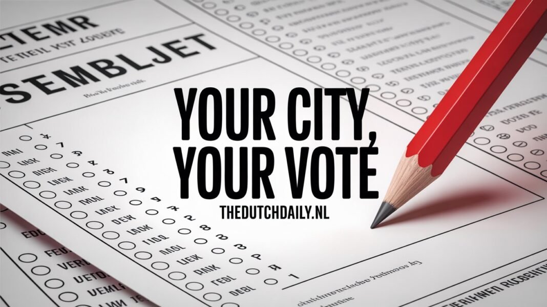 Close-up of a Dutch election ballot and red pencil with the text 'YOUR CITY, YOUR VOTE' and thedutchdaily.nl URL, illustrating expat voting rights in the 2026 municipal elections.
