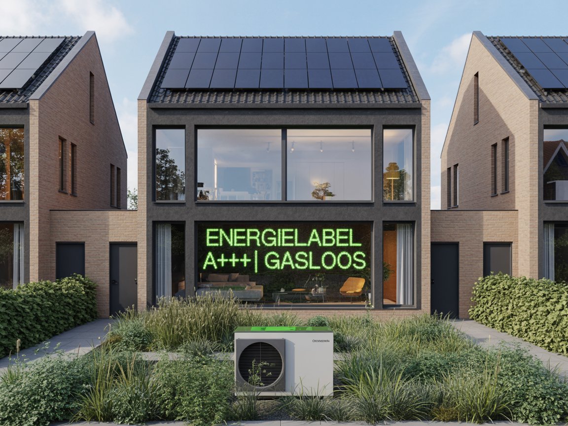 A modern, sustainable Dutch townhouse featuring solar panels and a heat pump, displaying an Energy Label A++++ sign, illustrating the 2026 mortgage sustainability bonus.