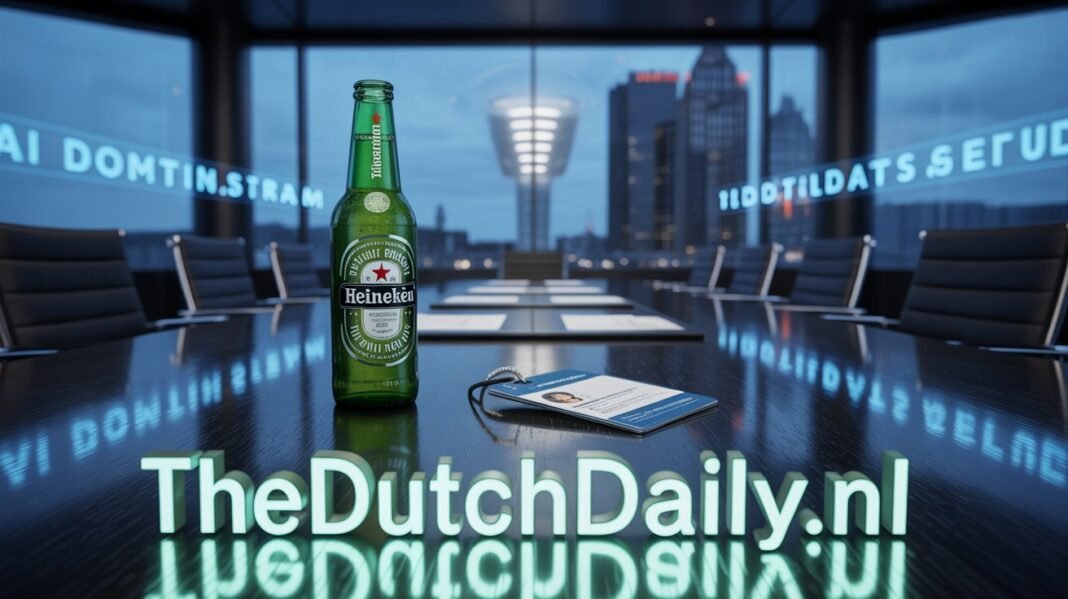 heineken-ai-layoffs-corporate-restructuring-2026 A cinematic editorial photograph in a dark Amsterdam boardroom, showing a Heineken bottle next to a discarded employee ID badge. Cold blue light trails symbolize AI data streams. The text 'thedutchdaily.nl' is glowing on the table surface, representing the 2026 corporate restructuring and job cuts into the age of AI.