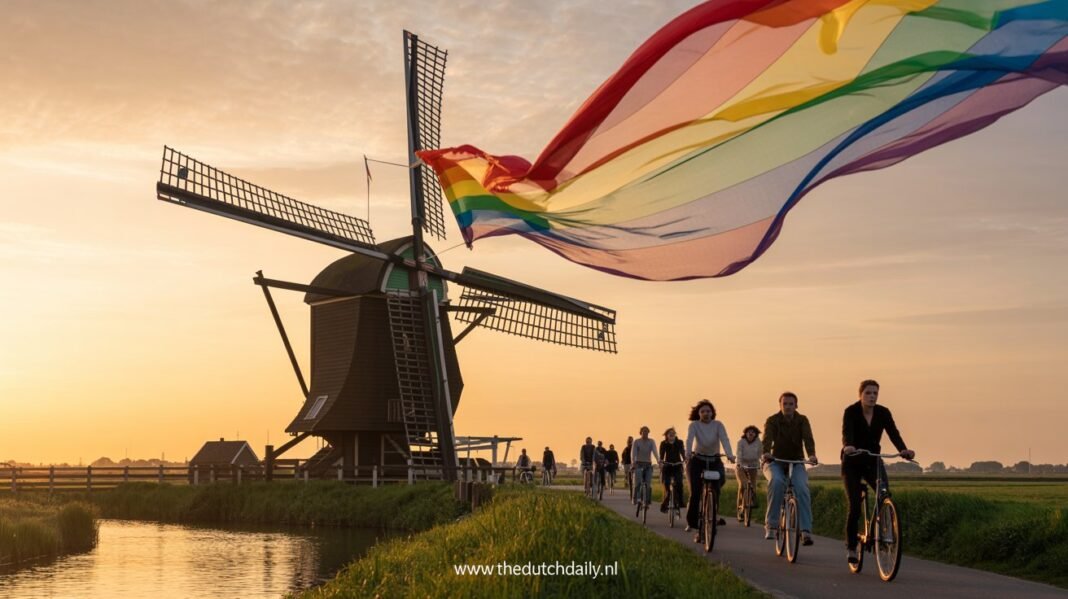 An iconic photograph of a traditional Dutch windmill with rainbow flags for sails at sunset, symbolizing LGBTQ+ rights and progress in the Netherlands in 2026.