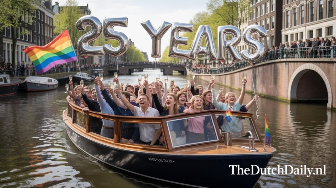 A wide, cinematic shot of a diverse group of LGBTQ+ people toasting with champagne on a decorated boat in the Amsterdam canals, celebrating the 25th anniversary of same-sex marriage. Silver balloons and rainbow flags are visible.