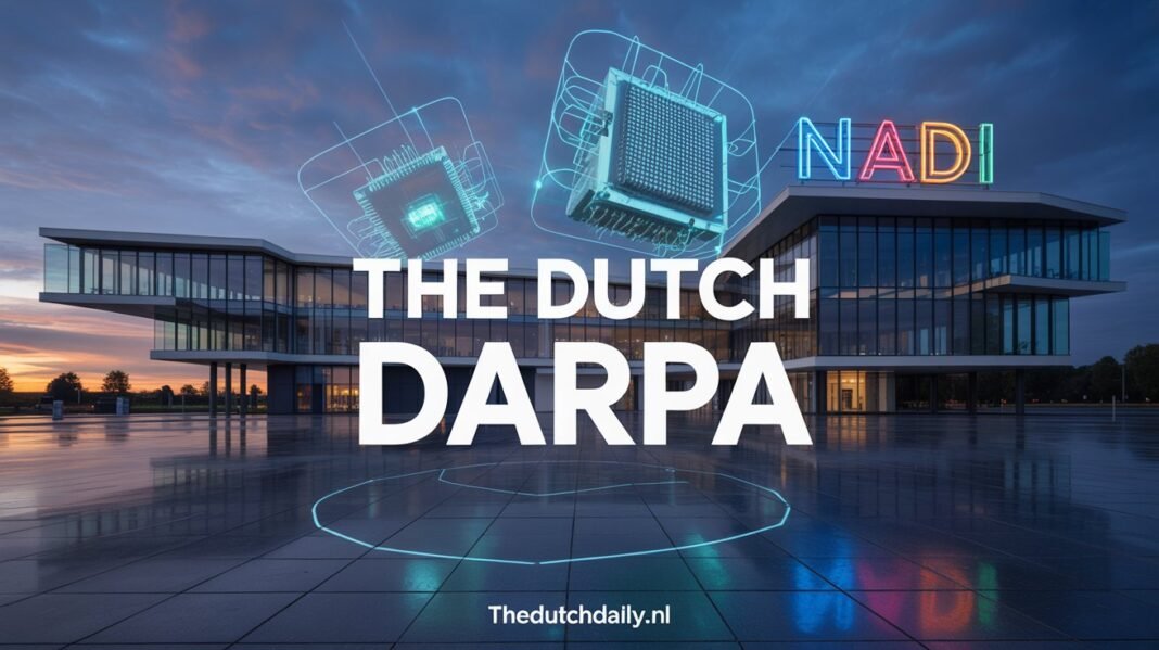 NADI Dutch DARPA: Inside the New Innovation Agency in Veldhoven A futuristic illustration of the NADI headquarters in Veldhoven, representing the new Dutch DARPA initiative for deep tech innovation.
