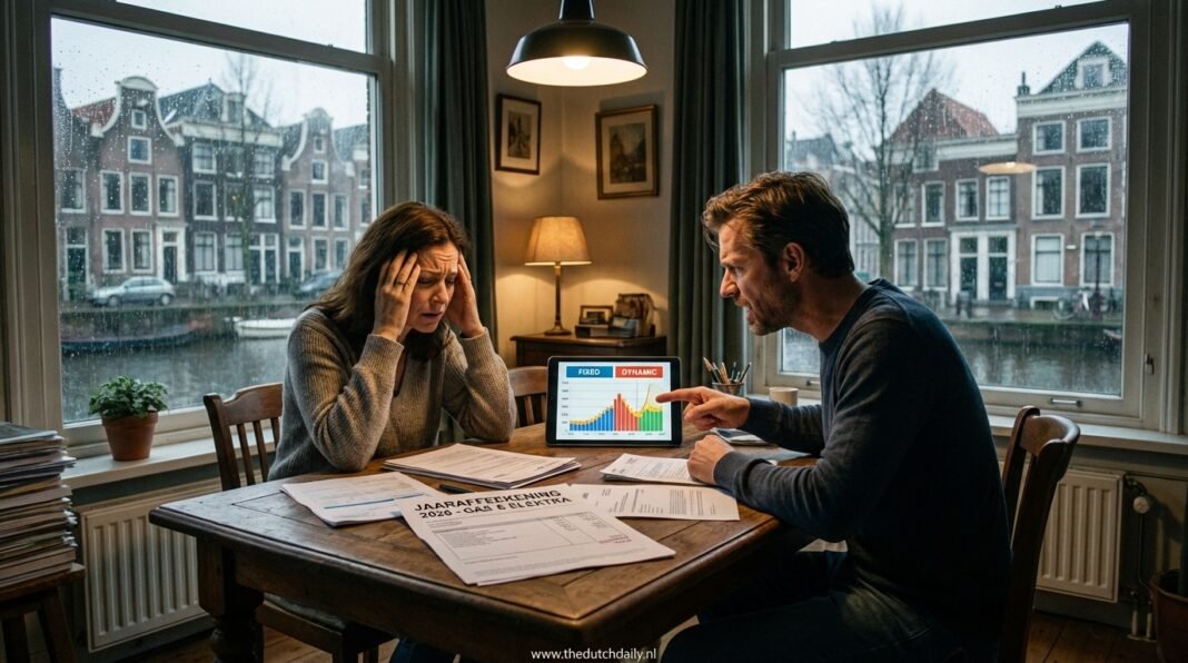 An expat couple in a Dutch apartment looking stressed while comparing 2026 energy contracts and a high annual bill (Jaarafrekening) on a tablet and paper.