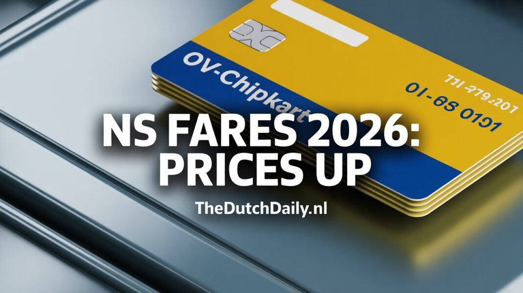 Cinematic graphic of an OV-chipkaart with the text 'NS FARES 2026: PRICES UP' and thedutchdaily.nl URL, illustrating the official 6.5% fare increase and subscription changes.