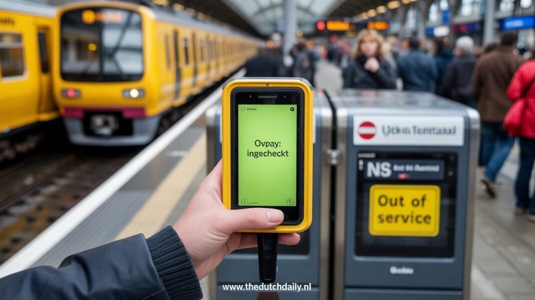 public-transport-netherlands-2026-ovpay-checkin-ns Commuter using a smartphone for OVPay check-in at a Dutch train station, symbolizing the end of the OV-Chipkaart in 2026.