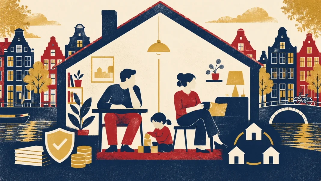 Dutch Toeslagpartner Rules 2027: When a Housemate No Longer Counts as Your Partner Flat editorial illustration of adults sharing a Dutch canal house with a child, representing the Netherlands' new toeslagpartner rules for 2027.