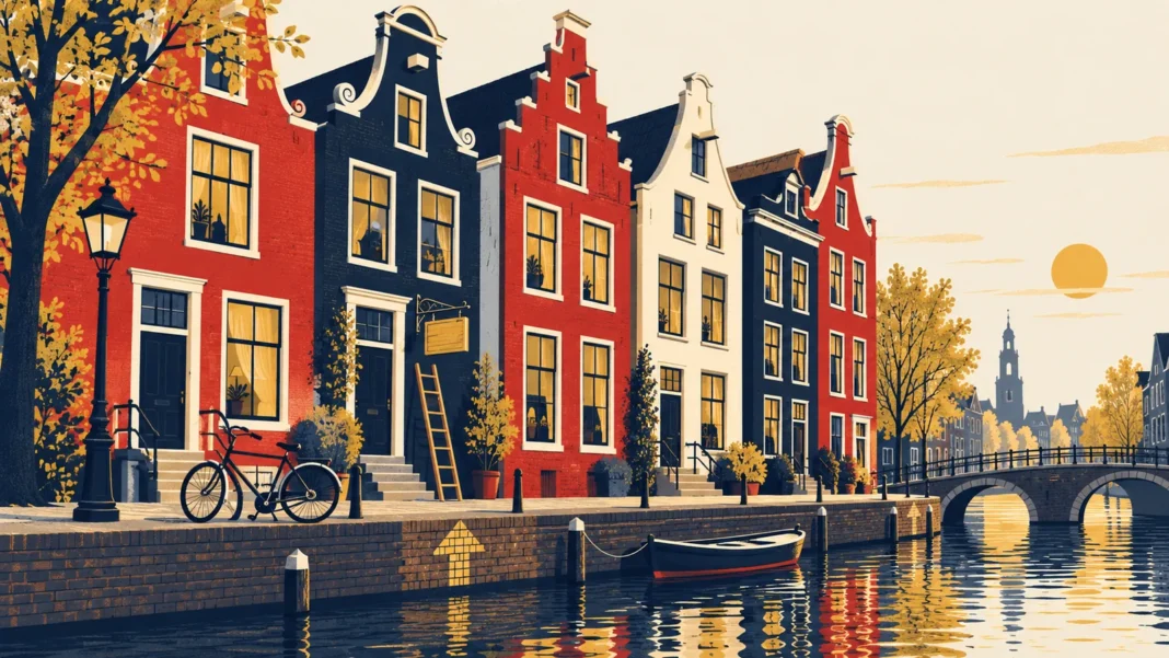 ABN AMRO Expects the Dutch Housing Market to Cool in 2027: Price Growth of 2.5% Dutch house prices: illustration of row of Dutch canal houses with a for-sale sign shape
