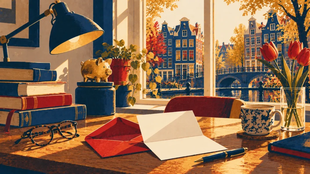 ABP Pension Switch on 1 January 2027: What Expats in Education and Government Must Check Now Illustration of an opened envelope and blank letter on a desk with books, a gold piggy bank and tulips, a Dutch canal outside the window