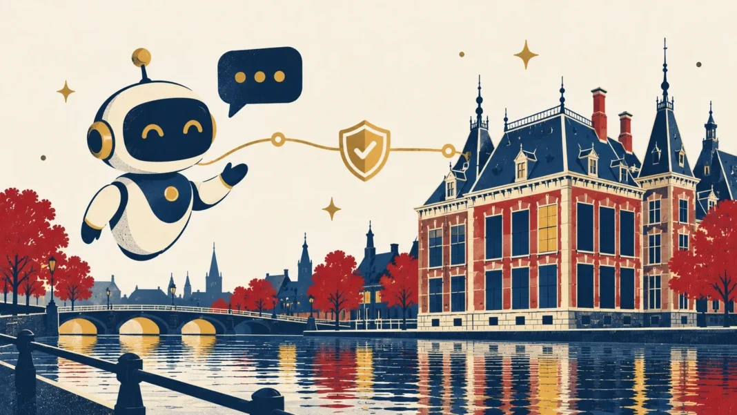 AI Chatbots in Your Dutch Business: What the EU AI Act and the AVG Require Flat editorial illustration of a friendly AI chatbot robot connected by a line through a data-protection shield to a Dutch canal-side building
