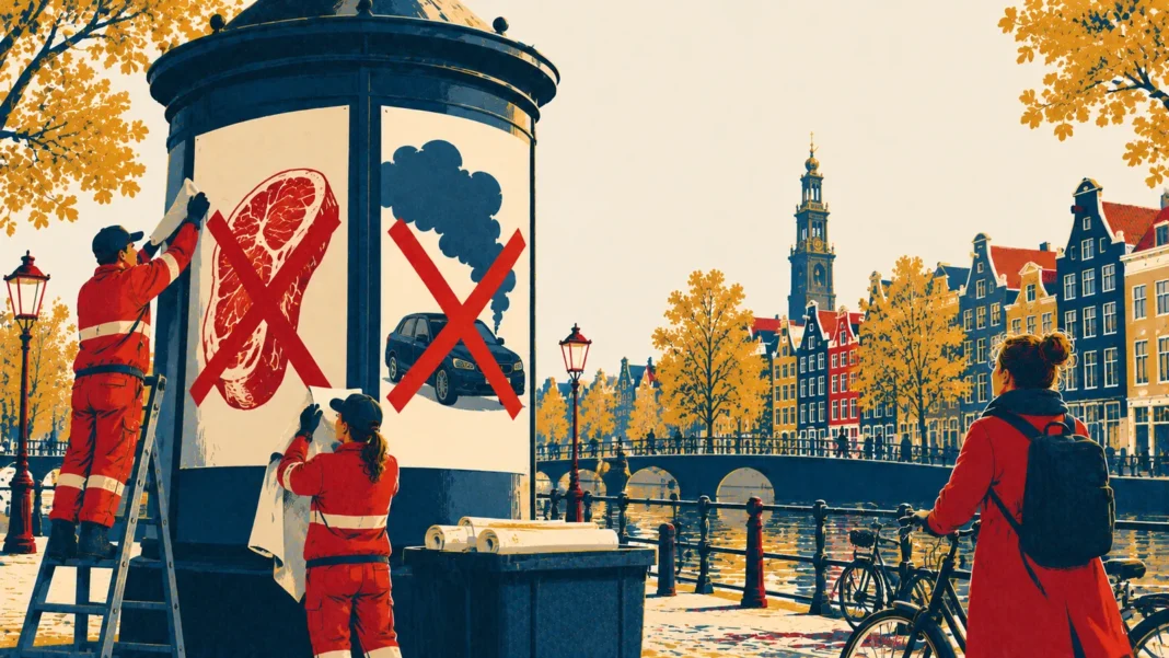 Amsterdam Bans Meat and Fossil Fuel Ads: A Landmark Climate Decision Illustration: Workers Redesign a Canal Cityscape