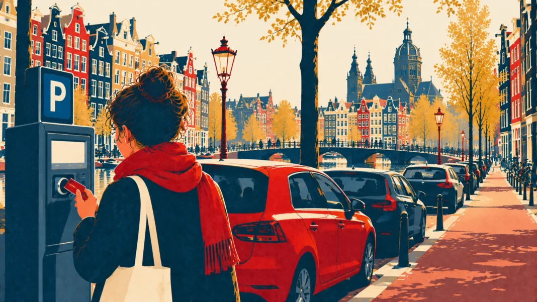 Amsterdam Parking Rates 2026: What You Pay by District (West, Oost, Centrum) Illustration: Autumn Canal Street in Amsterdam