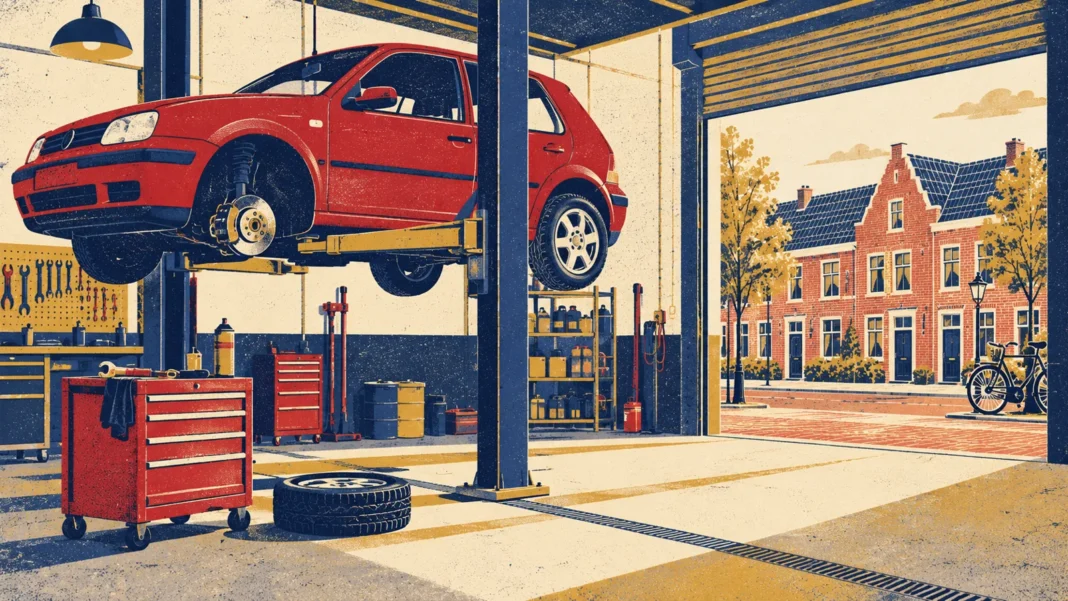 Illustration of a red hatchback on a lift in a Dutch garage, with brick terraced houses and a bicycle outside
