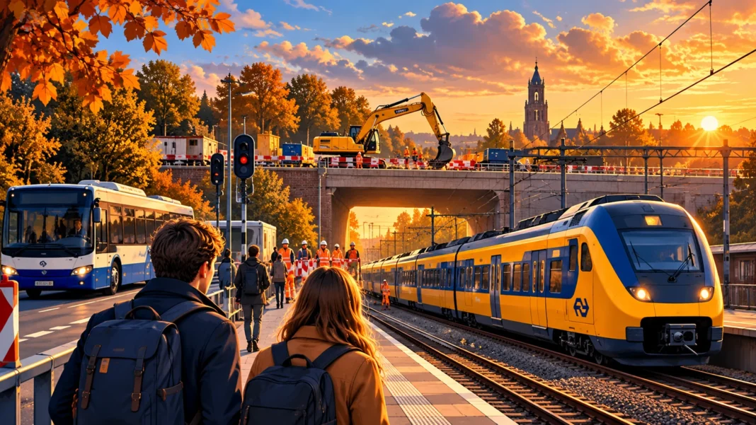 Arnhem–Utrecht Train Disruptions Start 20 October: Dates and Alternatives Illustration of a yellow-and-blue Dutch train, replacement bus and railway construction works during Arnhem–Utrecht train disruptions in October 2026.