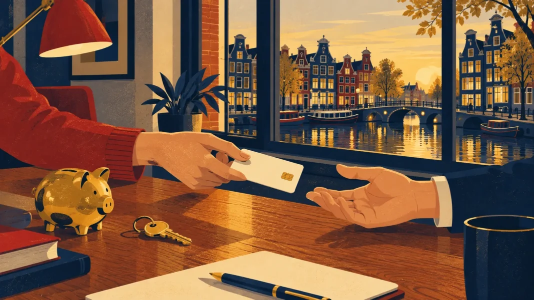 Bank account Netherlands: a hand passing a blank bank card across a desk next to a gold piggy bank and a key
