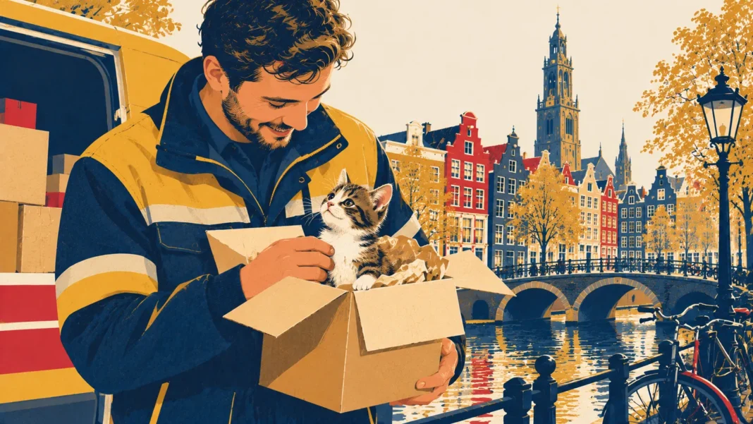 Bavarian Post Worker Saves Kitten Trapped in Package Illustration: Postal Worker and Kitten by the Canal