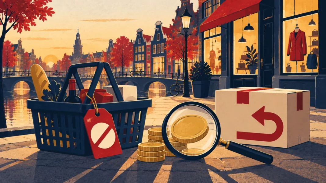 Black Friday Netherlands 2026: Your 14-Day Return Right and How to Spot Fake Discounts Black Friday Netherlands 2026: a shopping basket with a crossed-out price tag, a magnifying glass over a gold coin and a return parcel