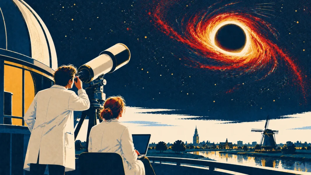 Hawking Vindicated: Scientists Predict Visible Black Hole Implosion by 2036 Illustration: Retro Observatory Under a Cosmic Vortex
