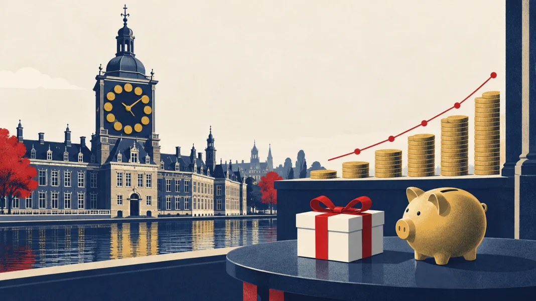 Box 3 tax 2028: a government tower clock of coins, a gift box and a piggy bank beside rising coin stacks