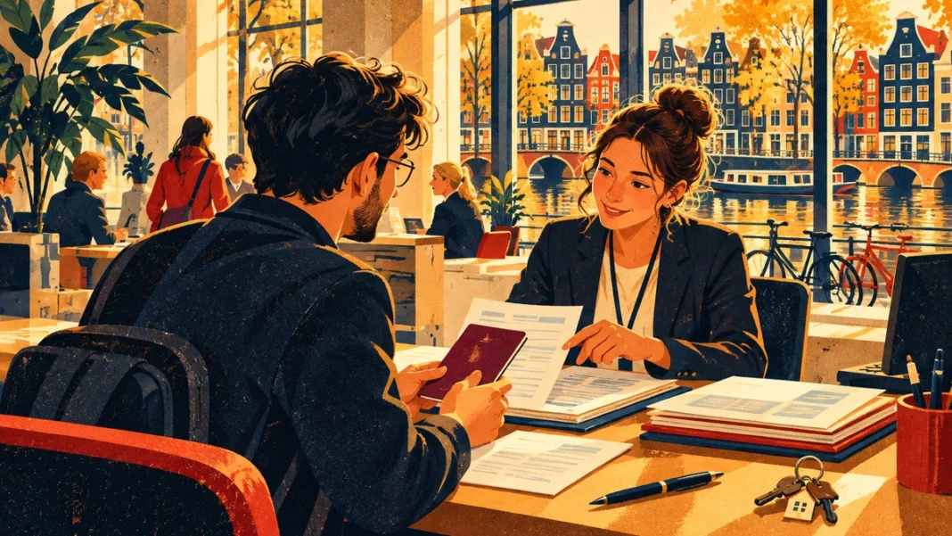 A newcomer presents registration documents and a passport to a municipal employee in an Amsterdam office, with Dutch canal houses visible through the window.