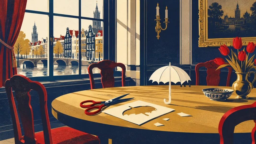 WW and WIA cuts: illustration of open scissors beside a cut-out paper umbrella on a meeting table