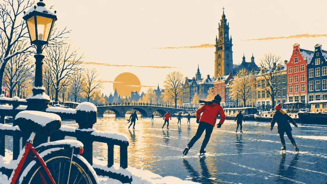 Chilly Weather Returns: Forecasts Predict January Freeze Illustration: Winter Skaters Along a Dutch Canal