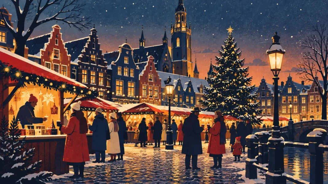 Illustration of a Dutch Christmas market at dusk with lit wooden stalls, gabled canal houses, a Christmas tree, a church tower and people in winter coats in light snow