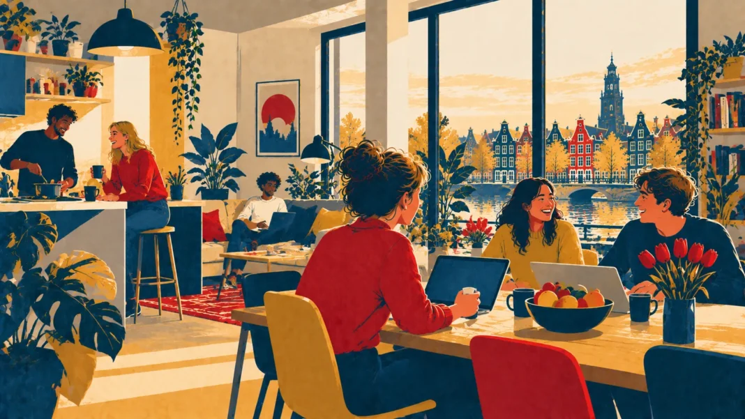 Co-living in the Netherlands 2026: A Solution to the Housing Crisis & Loneliness Illustration: Sunset Co-Living by the Canal